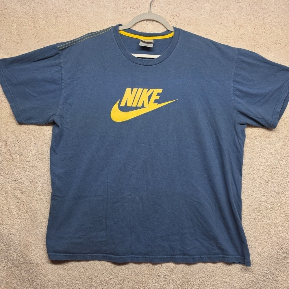 VTG Nike T-shirt Men XXL Blue Spellout Yellow Logo Swoosh 90's & Over Stitching